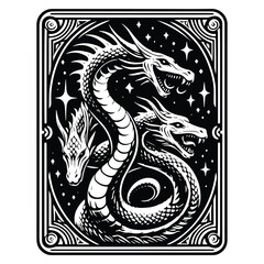hydra dragon with tarot card in black and white illustrations, cutout graphic