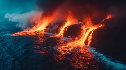 Aerial perspective of an isolated volcanic island, molten lava flowing into the ocean, creating a dramatic contrast between fiery reds and cool ocean blues