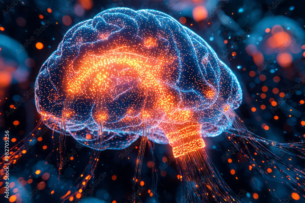 Poster a digital rendering of a brain with neural networks firing in bursts of light, symbolizing the flow 