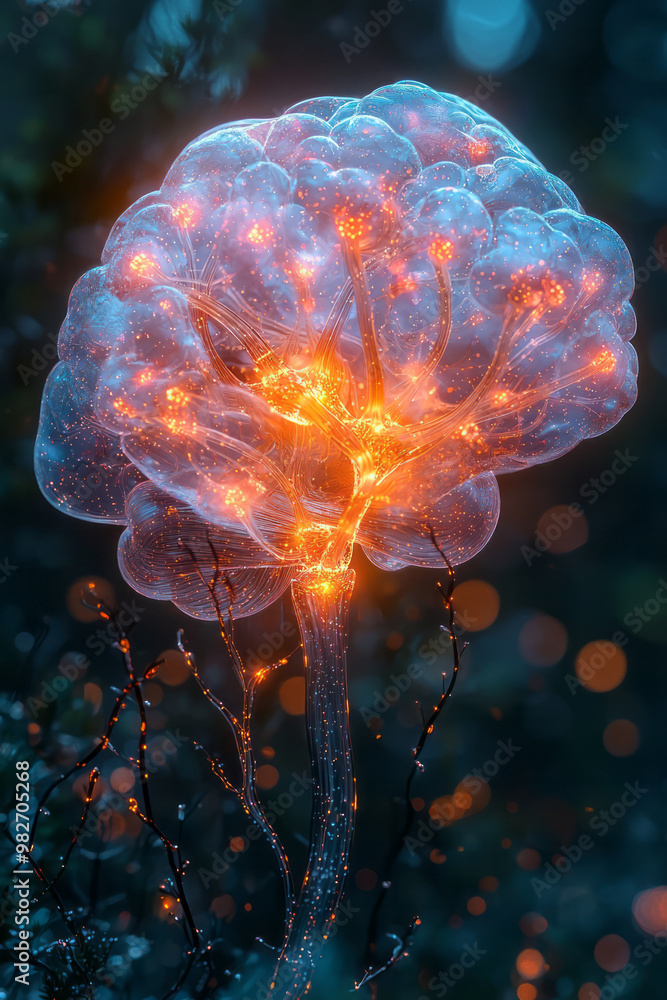 Poster a brain depicted in soft, glowing colors, with neurons firing and connecting in a complex network of