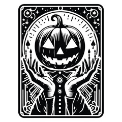 Jack O Lantern with tarot card decoration in black and white illustrations, cutout graphic