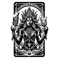 kali goddess with tarot card in black and white illustrations, cutout graphic