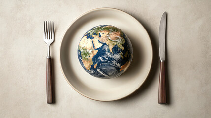 A globe on a plate with a fork and knife on a light background, a World Food Day wallpaper concept