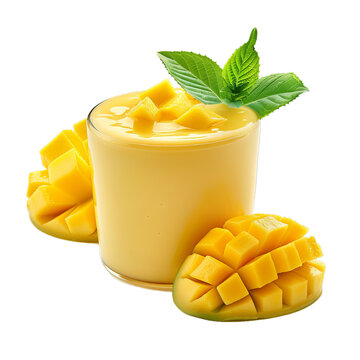 Glass of mango lassi is surrounded by freshly cut mango fruit and garnished with mint leaves