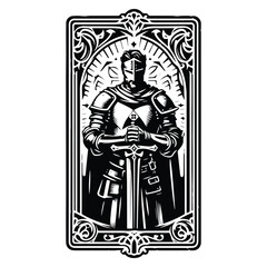 Fototapeta premium knight male with tarot card in black and white illustrations, cutout graphic