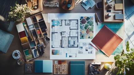 Naklejka premium An interior designer's working table, a house plan, a color palette, furniture samples, and plans for decorating a house.