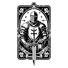 Fototapeta premium knight male with tarot card in black and white illustrations, cutout graphic