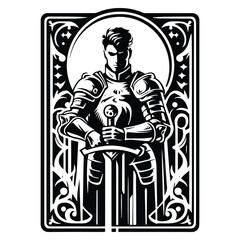 knight male with tarot card in black and white illustrations, cutout graphic