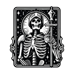 Naklejka premium knight skeleton with tarot card decoration in black and white illustrations, cutout graphic