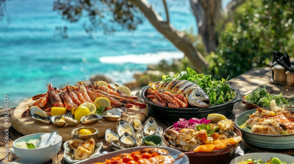 Poster a beautiful coastal setting with a seafood feast laid out on a table with a view of the ocean, inclu