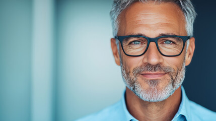 Smiling man in blue shirt and glasses.