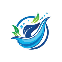 Symbol of Water splashing with drops and leaves Vector Logo Mascot Icon Design