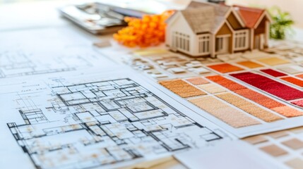 An interior designer's working table, a house plan, a color palette, furniture samples, and plans for decorating a house.