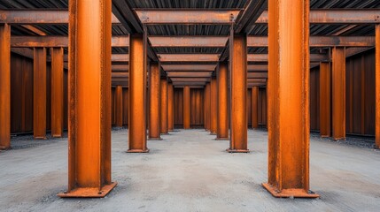 A striking view of industrial columns in vibrant orange, creating a bold and modern architectural space.