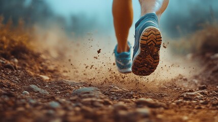 sport shoes racing along a dusty trail, showcasing the determination, speed, and athleticism of a trail runner, perfectly suited for outdoor fitness and endurance challenges