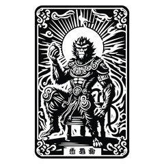 monkeyking Sun Wukong with tarot card in black and white illustrations, cutout graphic