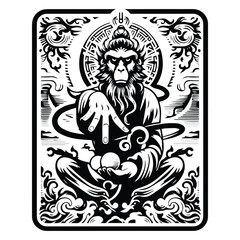 monkeyking Sun Wukong with tarot card decoration in black and white illustrations, cutout graphic