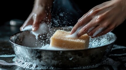 A close-up of hands cleaning silverware with a sponge, soap and water creating a smooth, shiny finish.