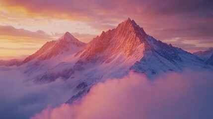 Aerial view of snow-covered mountain peaks, glowing under soft orange and pink sunrise hues, with mist swirling in valleys, Realistic, Cinematic lighting, HDR rendering