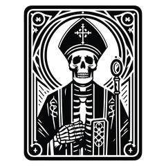 pastor skeleton with tarot card in black and white illustrations, cutout graphic