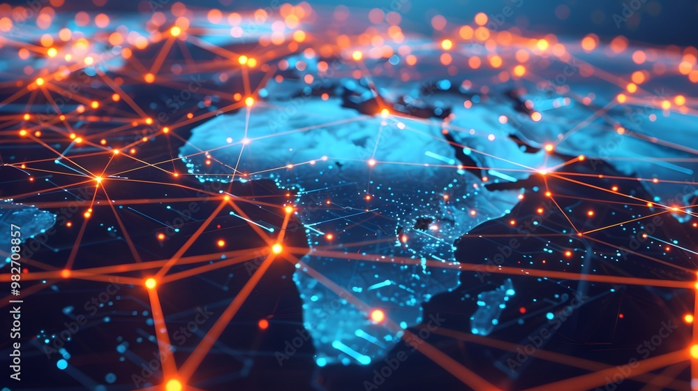 Poster a global network map with nodes spread across various locations, interconnected by vibrant, resilien