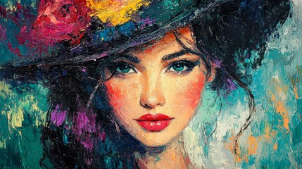 Glamour and Grace: Captivating Oil Painting of Stylish Young Woman in High Fashion Outfit Outdoors