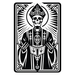 pastor skeleton with tarot card in black and white illustrations, cutout graphic