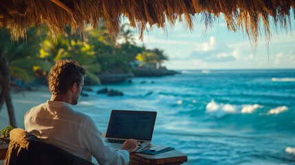 Serene Remote Work Men Typing on Laptop in Beach Cabana with Ocean Sounds
