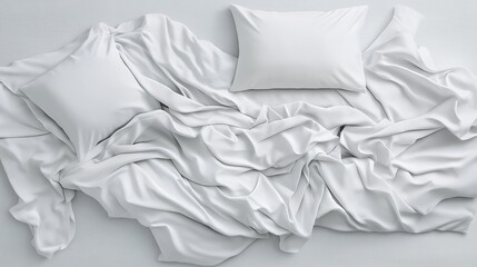 Top view of a bed with two pillows and white crumpled bed sheets, creating a soft and cozy appearance.