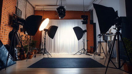 Small photography studio with cameras and lighting equipment set up, a photographer adjusting settings while preparing for a portrait shoot