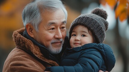 Obraz premium tender family moment with a grandfather carrying his granddaughter outdoors sharing a joyful bond and generational connection