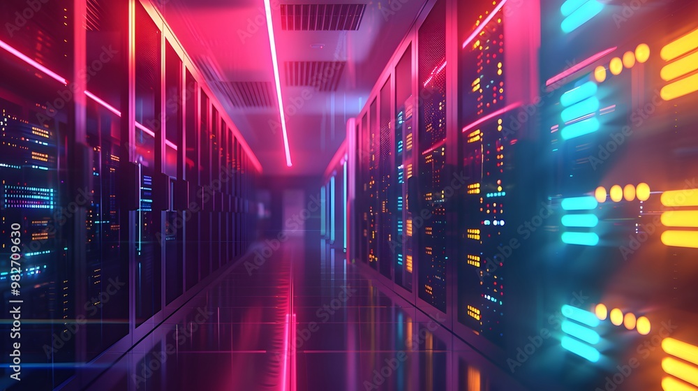 Poster a high-tech server room with multiple servers distributing a massive influx of traffic efficiently, 
