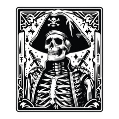 pirate skeleton with tarot card in black and white illustrations, cutout graphic