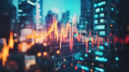 Fototapeta premium candlestick chart on blurry city backdrop. Trade, technology, investment and analysis concept. Double exposure