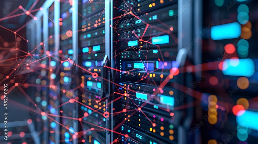 Poster a high-tech server room with multiple servers distributing a massive influx of traffic efficiently, 