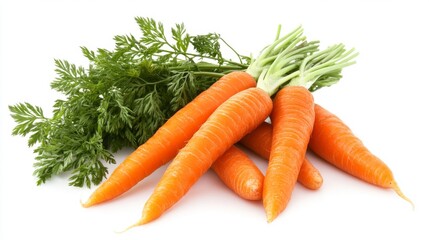 A bunch of fresh carrots with their green tops still attached, neatly arranged on a white background, highlighting their vibrant orange color.