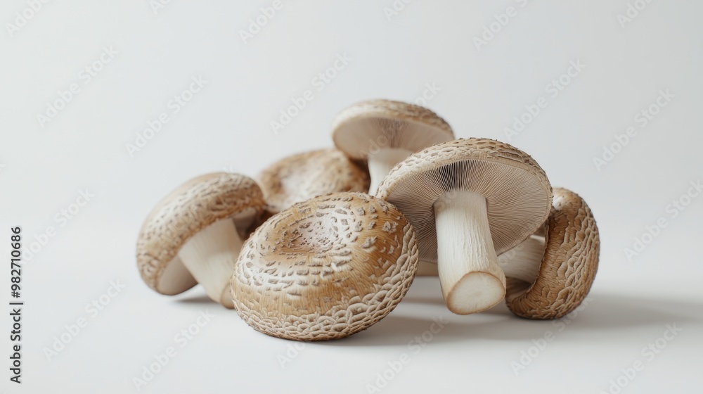 Leinwandbilder A bunch of shiitake mushrooms displayed on a minimalist white background, with soft shadows adding depth and dimension to their natural form.