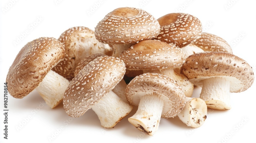 Leinwandbilder A bunch of shiitake mushrooms displayed on a minimalist white background, with soft shadows adding depth and dimension to their natural form.