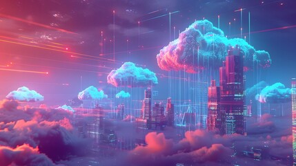 A digital landscape featuring cloud-shaped structures with containerized microservices floating around them, dynamically scaling and optimizing performance in a vibrant, high-tech environment