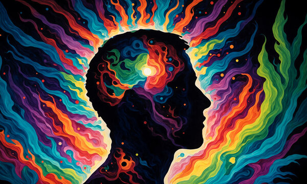 A colorful illustration of a man's silhouette against the background of the mental world, with an electromagnetic biofield emanating around him. Conceptual illustration