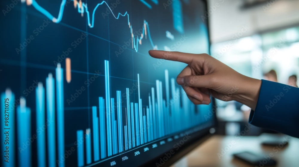 Poster a business professional pointing at a bar chart on a large screen in a conference room, emphasizing 