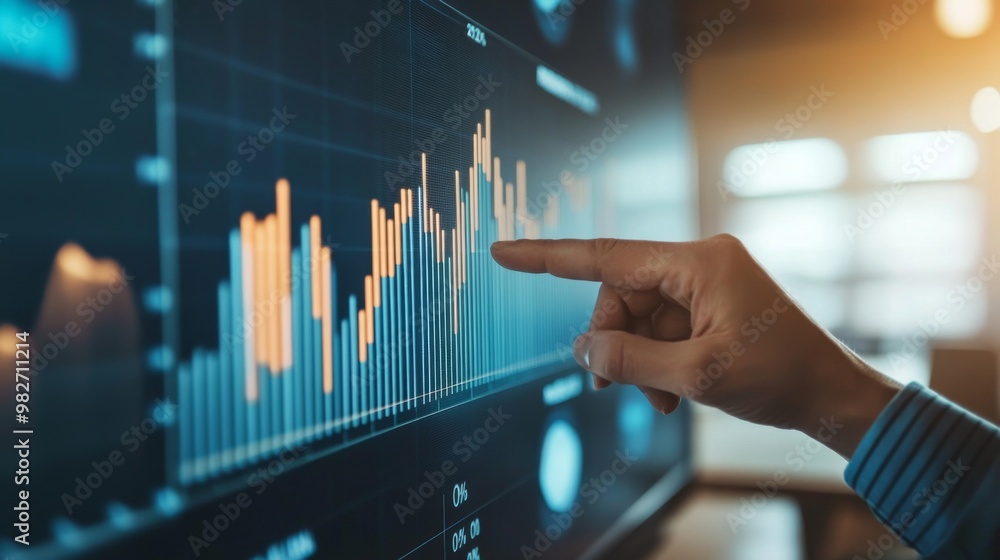 Poster a business professional pointing at a bar chart on a large screen in a conference room, emphasizing 