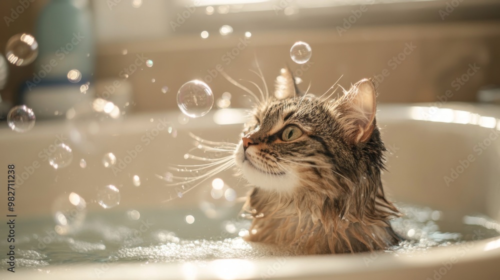 Poster A cat playfully chasing bubbles in a bathtub with a small amount of water, its wet fur and focused expression adding to its cuteness.