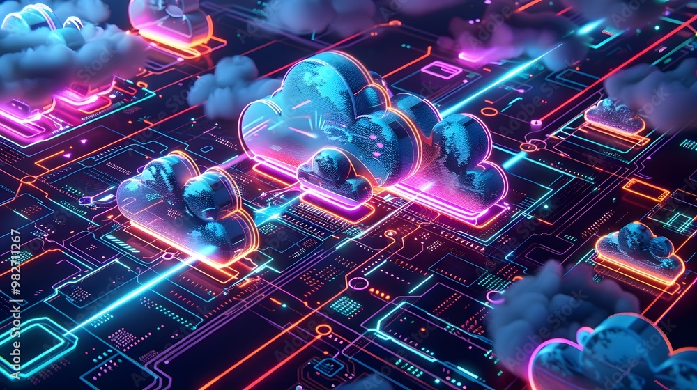 Poster a digital landscape featuring cloud-shaped structures with containerized microservices floating arou
