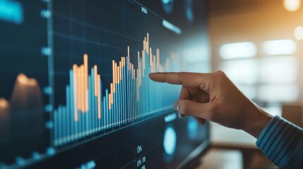 A business professional pointing at a bar chart on a large screen in a conference room, emphasizing financial growth and key metrics to colleagues.