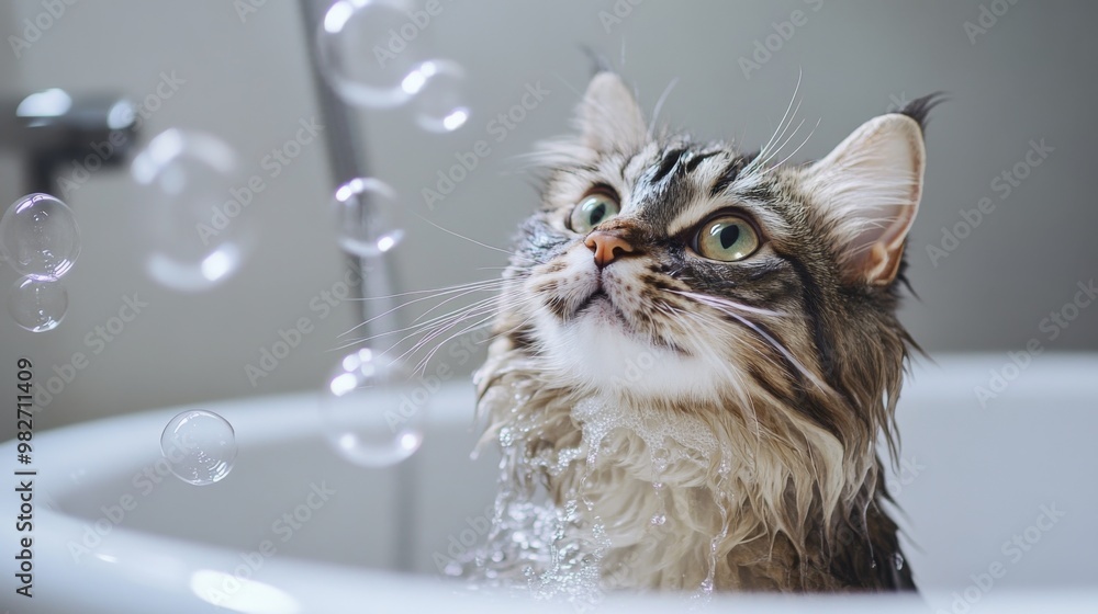 Poster A cat playfully chasing bubbles in a bathtub with a small amount of water, its wet fur and focused expression adding to its cuteness.