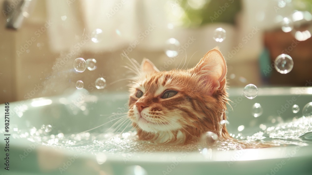 Poster A cat playfully chasing bubbles in a bathtub with a small amount of water, its wet fur and focused expression adding to its cuteness.