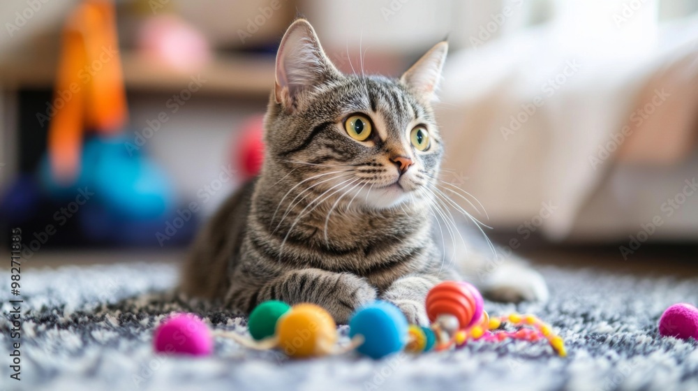 Poster a cat sitting on a plush rug, engaged with a colorful, interactive toy that has multiple features, s