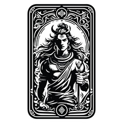 Shiva hindu god with tarot card in black and white illustrations, cutout graphic