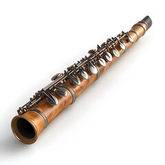 Naklejka premium Vivid, ultra-realistic photograph of a clarinet, capturing its intricate keywork and glossy black body